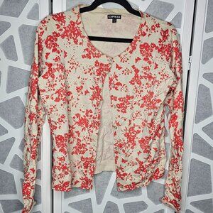 Express Button Down Orange Floral Print Sweater Cardigan Long Sleeve Large